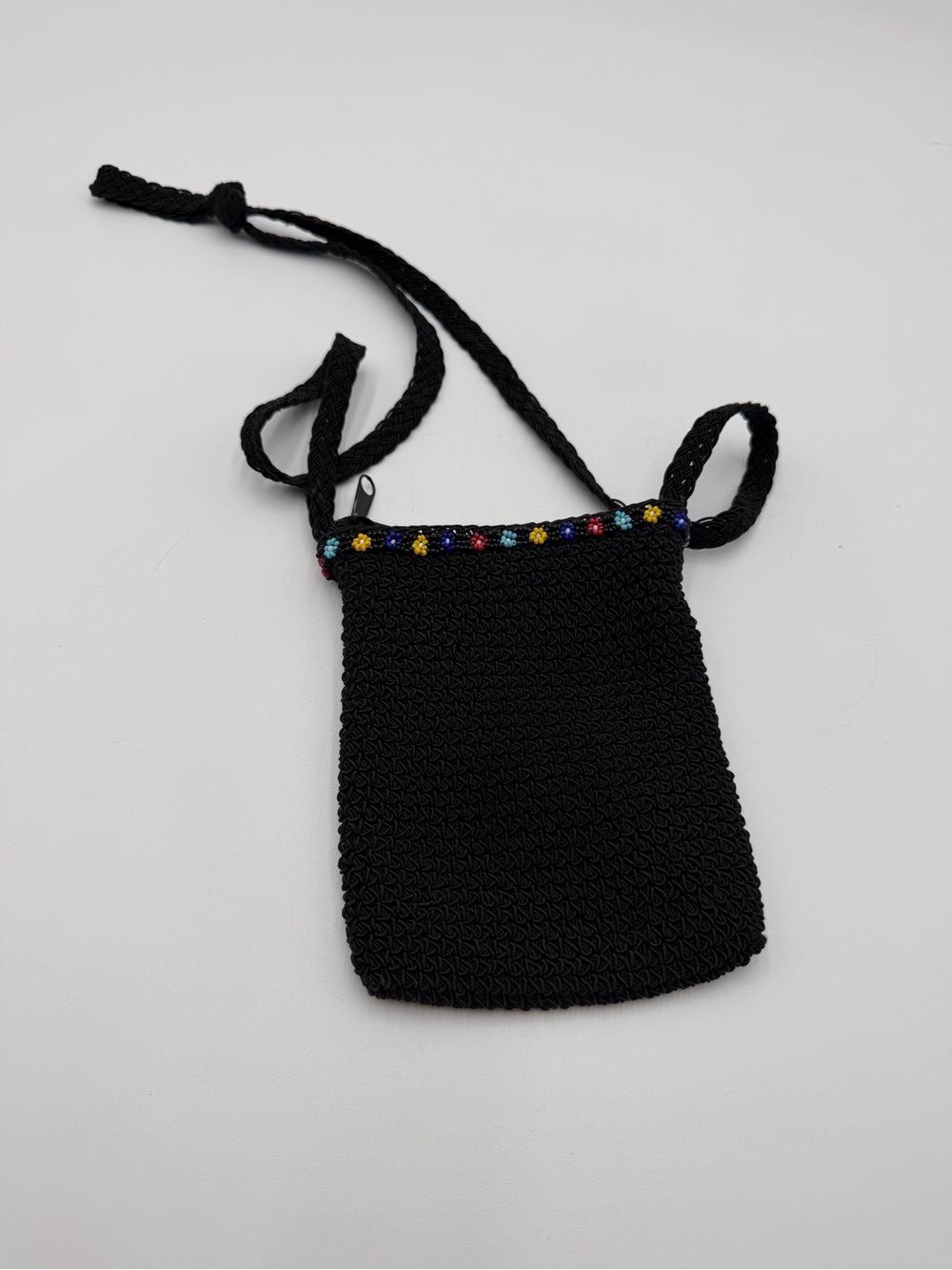 Vintage Black Woven Beaded Crossbody Purse Mini Boho Festival Bag